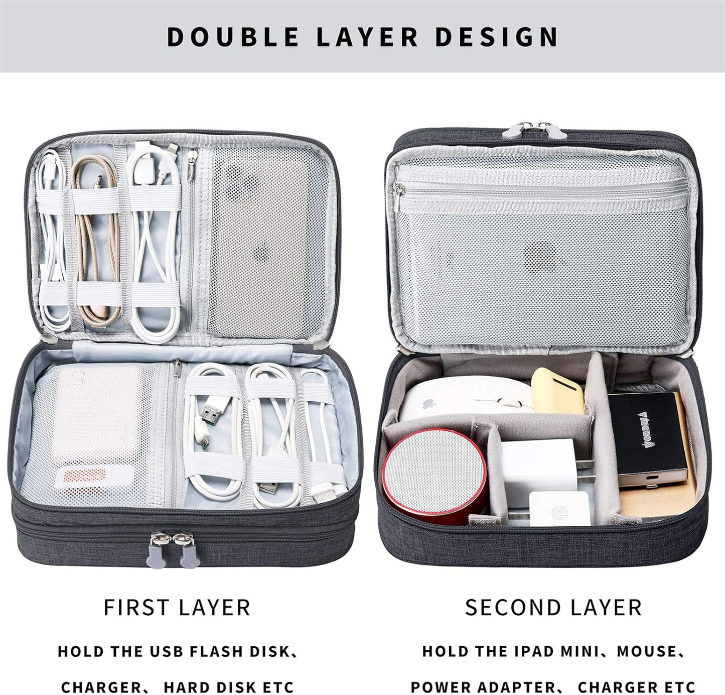 MIRLEWAIY Travel Cords Organizer Case Double-Layer Electronic Accessories Carrying Bag for Charger Cables Adapter USB Sticks Leads Memory Cards, Black