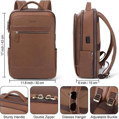 Tzowla Leather Laptop Backpack, Bag for Men and Women,Business Travel Work Rucksack Fits 15.6 Inch Laptop,Bookbag with USB and Type-C Charging Port-Black