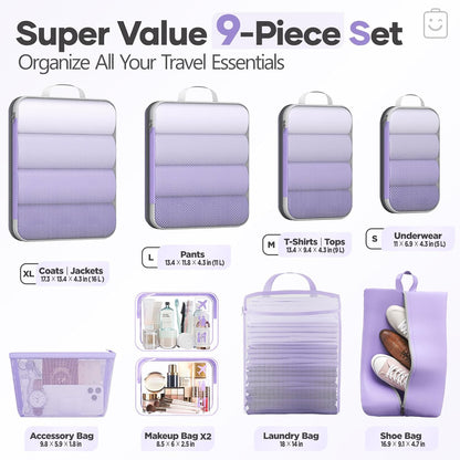 Veken 9/11 Set Compression Packing Cubes for Travel Essentials,Compressible Expandable Large Luggage Suitcase Organizer Bags for Clothing,Durable Space Saver Storage Bags(Light Purple)