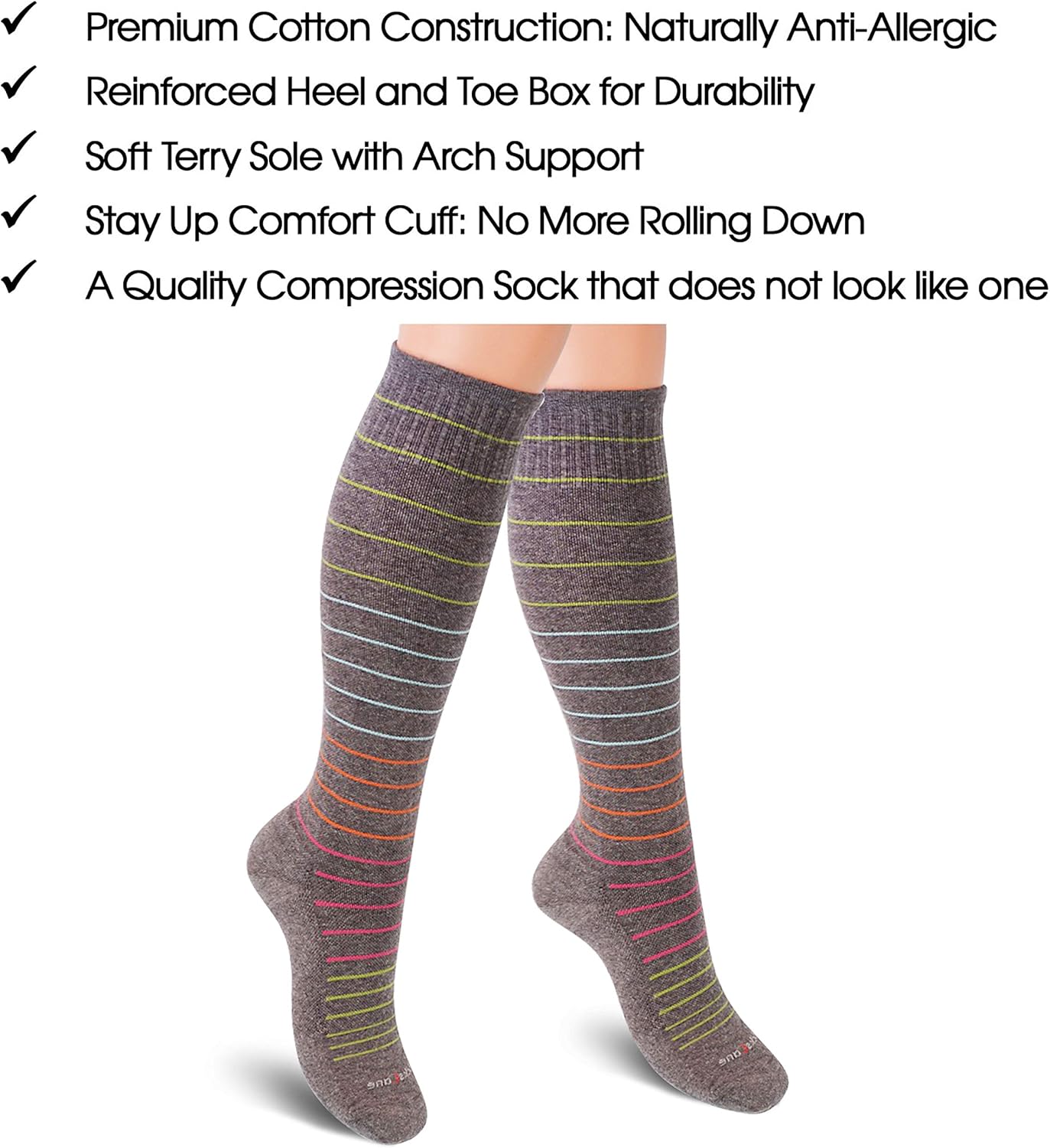 Cotton Compression Socks for Women & Men. 15-20 mmHg Support Knee-High Navy Blue X/L