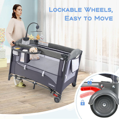 INFANS Pack and Play, 5 in 1 Baby Bedside Sleeper with Bassinet, Diaper Changer, Mattress, Carry Bag, Music Box Hanging Toys, Foldable Bedside Crib, Portable Playard for Newborn Toddlers (Classic)