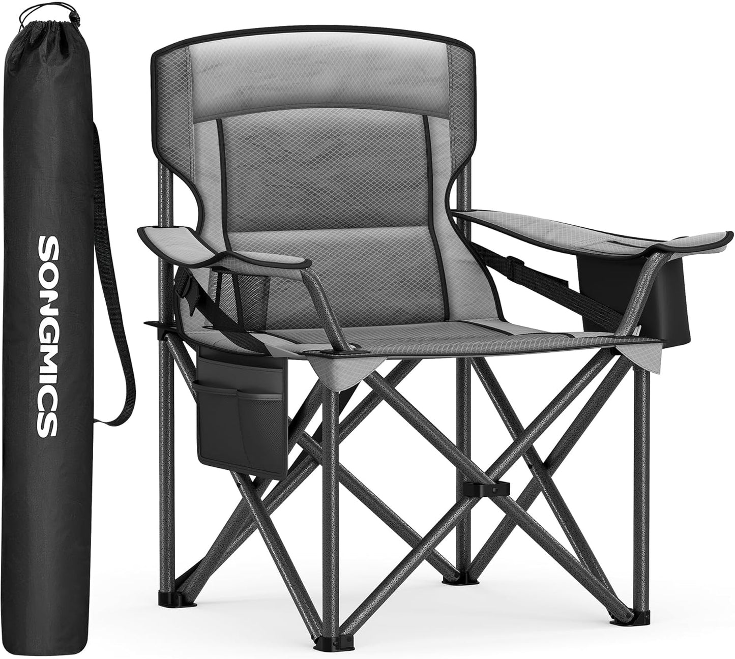 SONGMICS Oversized Lumbar Support Camping Chair, Heavy-Duty Outdoor Folding Chair Comfortable, Padded, Glamping, Cooler Bag, Weight Capacity 450 lb, Slate Gray UGCB066G01