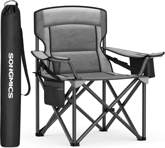 SONGMICS Oversized Lumbar Support Camping Chair, Heavy-Duty Outdoor Folding Chair Comfortable, Padded, Glamping, Cooler Bag, Weight Capacity 450 lb, Slate Gray UGCB066G01