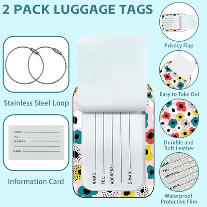 Retro Style Flowers Luggage Tag for Suitcase Set of 2 PU Leather Cute Luggage Tags with Stainless Metal Loop ID Label Privacy Flap Suitcase Tags for Women and Men Travel