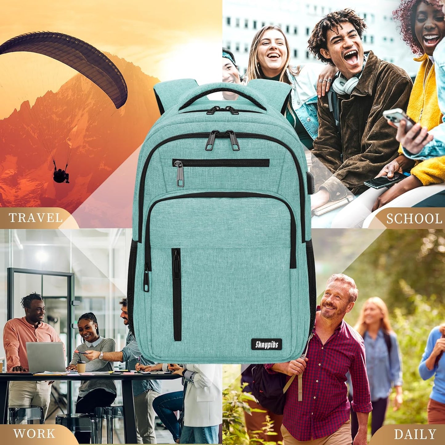 Backpack for Women Men, School Backpack for Boys Girls Teens, 15.6 Inch Laptop Backpack with USB Port, College Middle High School Bookbag, Water Resistent Business Mochila para hombre, Cyan