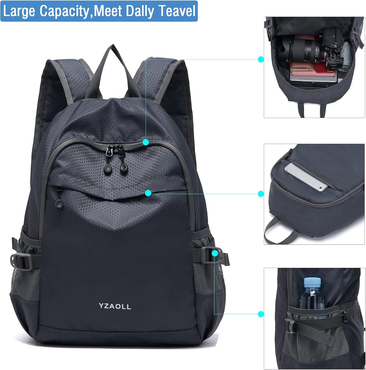 YZAOLL Small Lightweight Packable Hiking Backpack, 20L Hiking Backpack Day Pack for Women Men Travel Camping Vacation,Gray