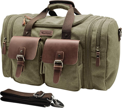 Wildroad 60L Travel Duffel Bag, Expandable Canvas Genuine Leather Duffle Bag Upgraded Overnight Weekender Bag Carry on Bag