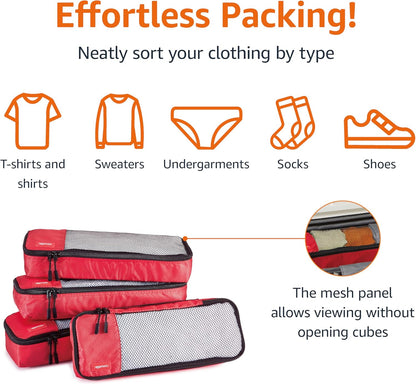 Amazon Basics Slim Packing Cubes for Travel, Packing Organizers, 4-Piece-Set With Double Zipper Pulls and Mesh Top Panel, 100% Durable Polyester, Red, 14"L x 5"W x 3"H