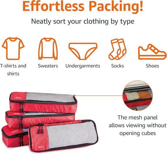 Amazon Basics Slim Packing Cubes for Travel, Packing Organizers, 4-Piece-Set With Double Zipper Pulls and Mesh Top Panel, 100% Durable Polyester, Red, 14"L x 5"W x 3"H