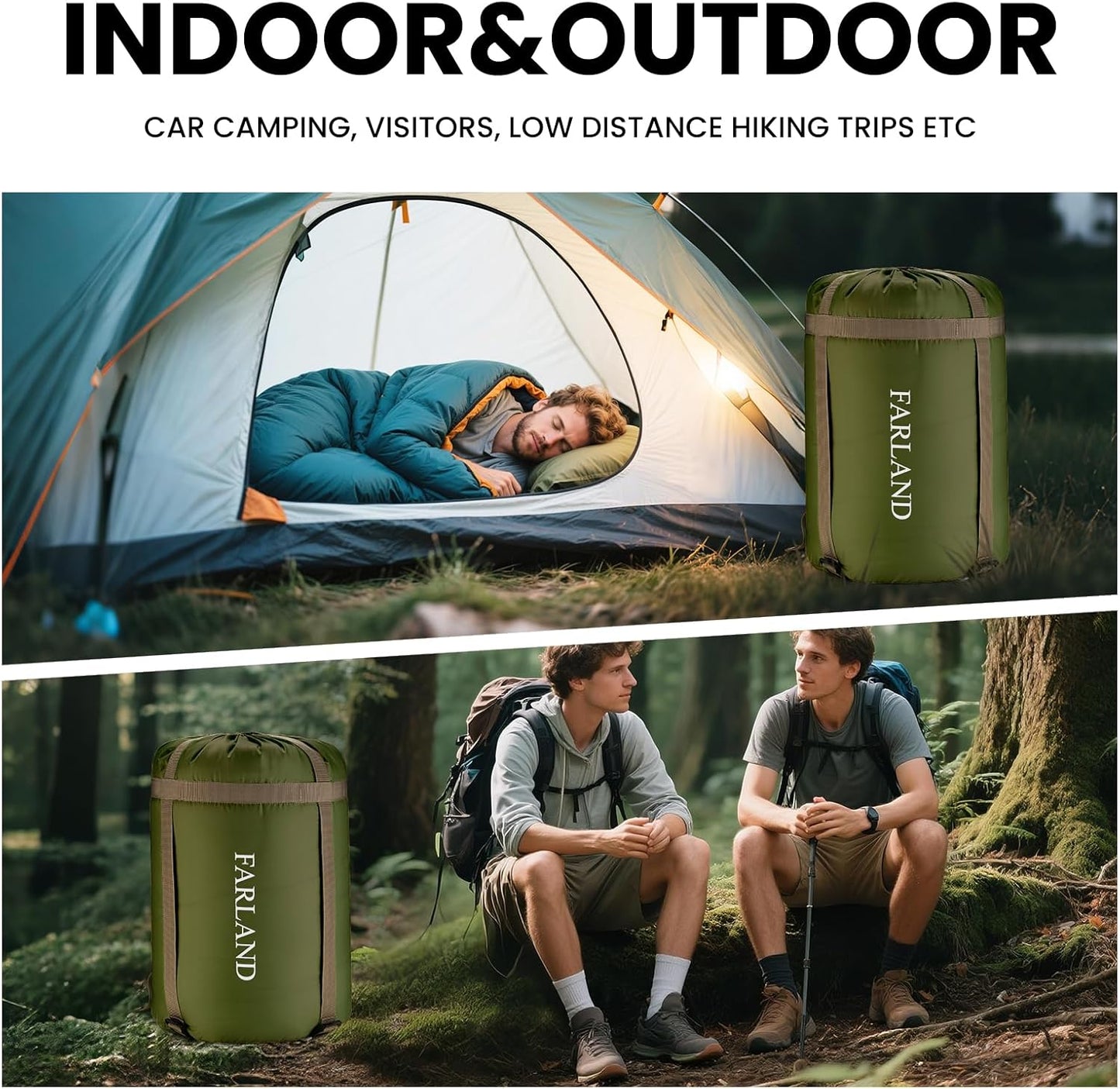 FARLAND Sleeping Bags 30℉ for Adults Teens Kids with Compression Sack Portable and Lightweight for 3-4 Season Camping, Hiking,Waterproof, Backpacking and Outdoors