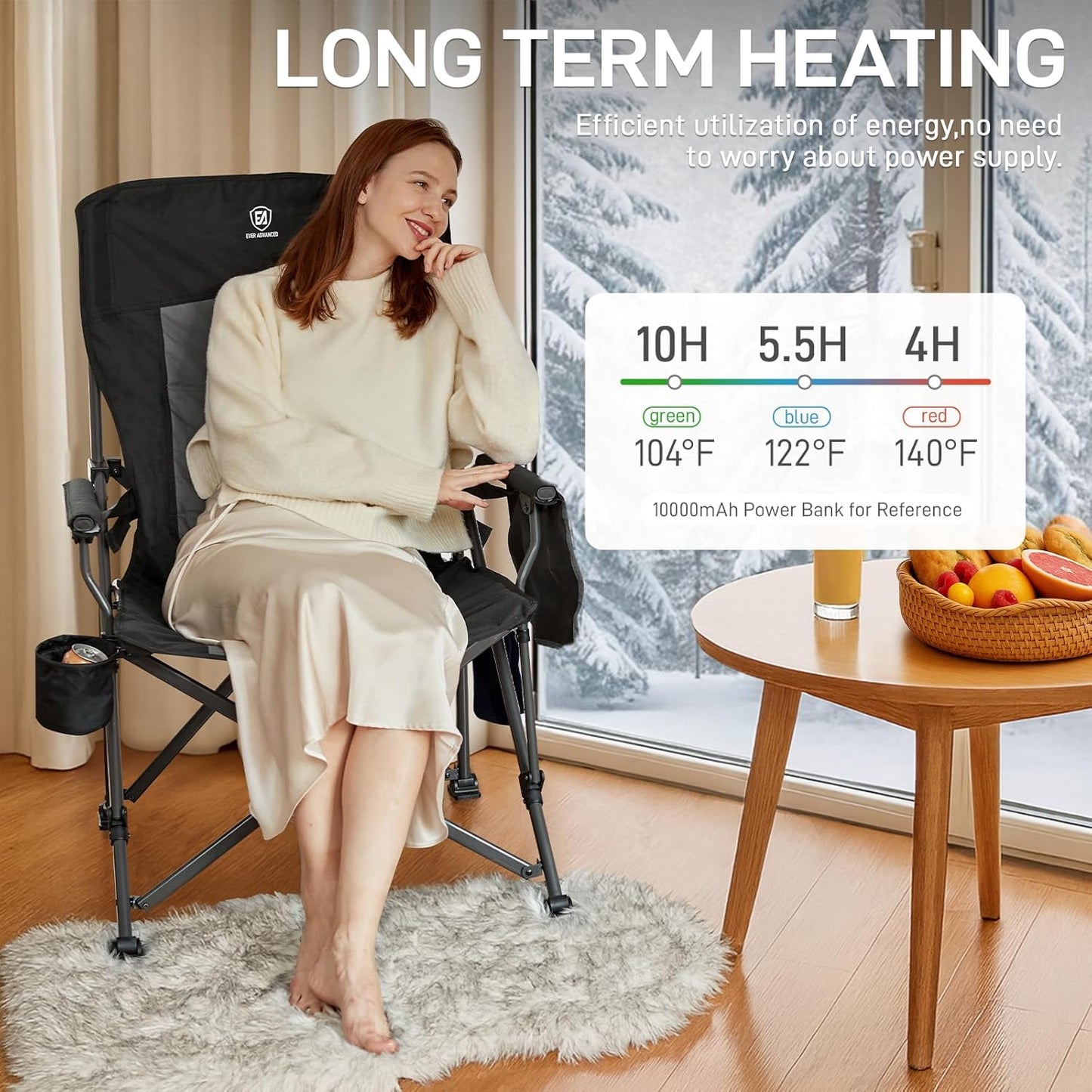 EVER ADVANCED Heated Oversized Foldable Camping Chair for Adults with Adjustable Lumbar Support, Heavy Duty Chair with Side Pockets, Heated Portable Collapsible Quad Chair for Outside, Support 500lbs