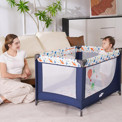 Pamo Babe Travel Foldable Portable Bassinet Baby Infant Comfortable Play Yard Crib Cot with Soft Mattress Breathable Mesh Walls, and Carry Bag Blue