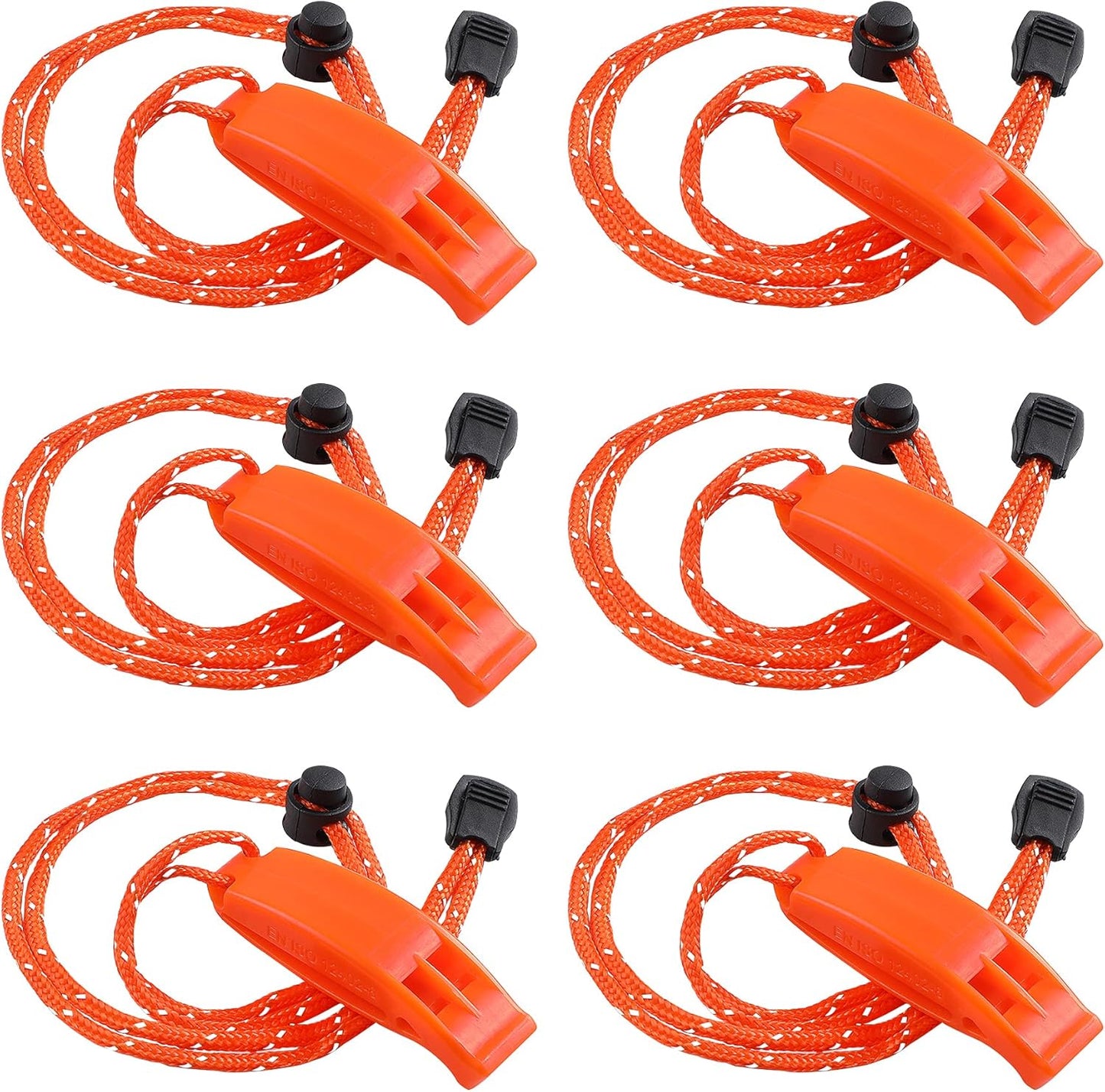 JULBEAR 6PCS Safety Survival Whistles with Adjustable Reflective Lanyard Emergency Plastic Whistle Marine Whistle