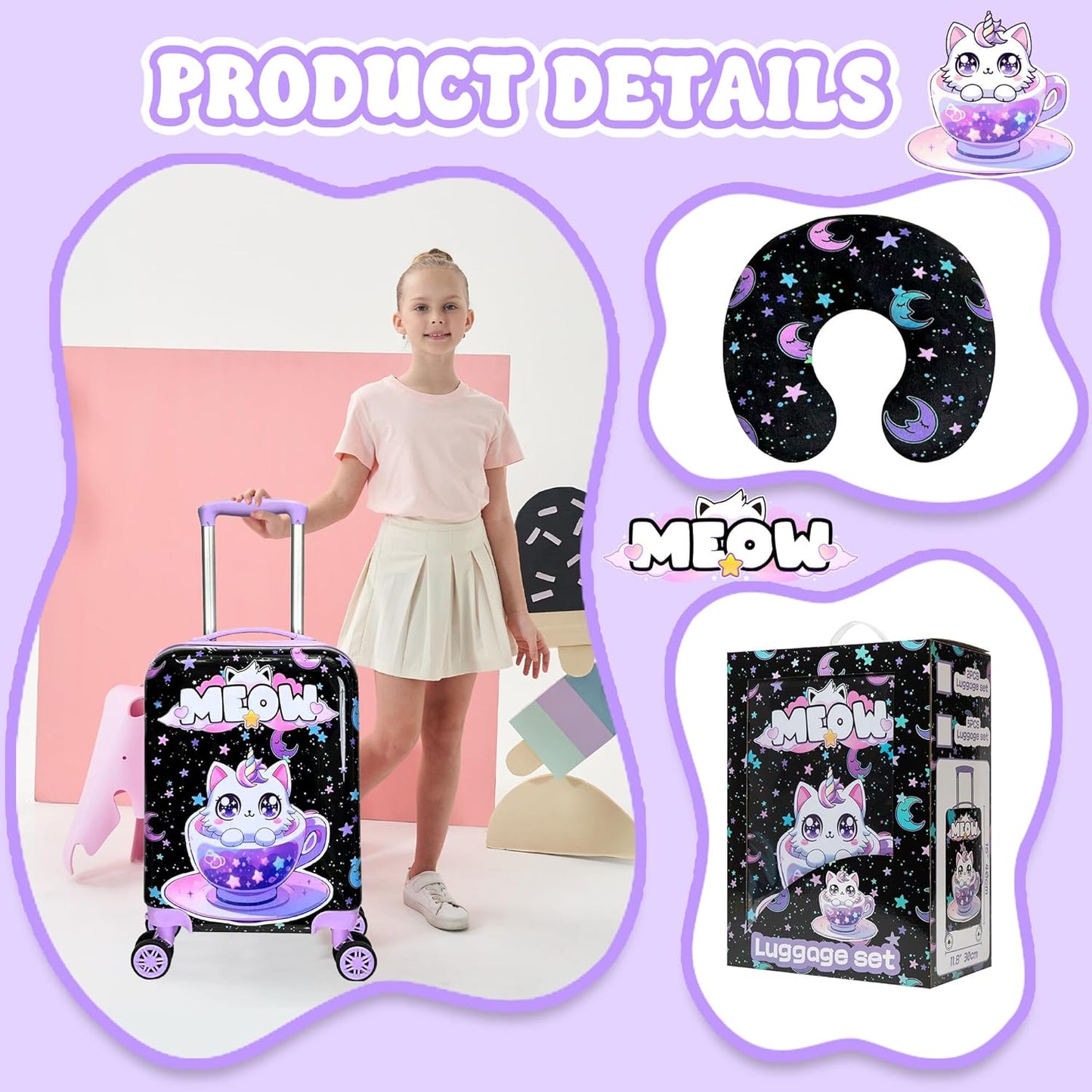 Cute Black Cat Kid's Luggage Set 2 Piece Suitcase Set 16" Hardside Luggage with Spinner Wheels Girls Carry on Toddler Travel Rolling Luggage Airline Approved