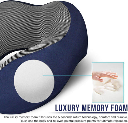 MLVOC Travel Pillow 100% Pure Memory Foam Neck Pillow, Comfortable & Breathable Cover, Machine Washable, Airplane Travel Kit with 3D Contoured Eye Masks, Earplugs, and Luxury Bag, Standard (Blue)