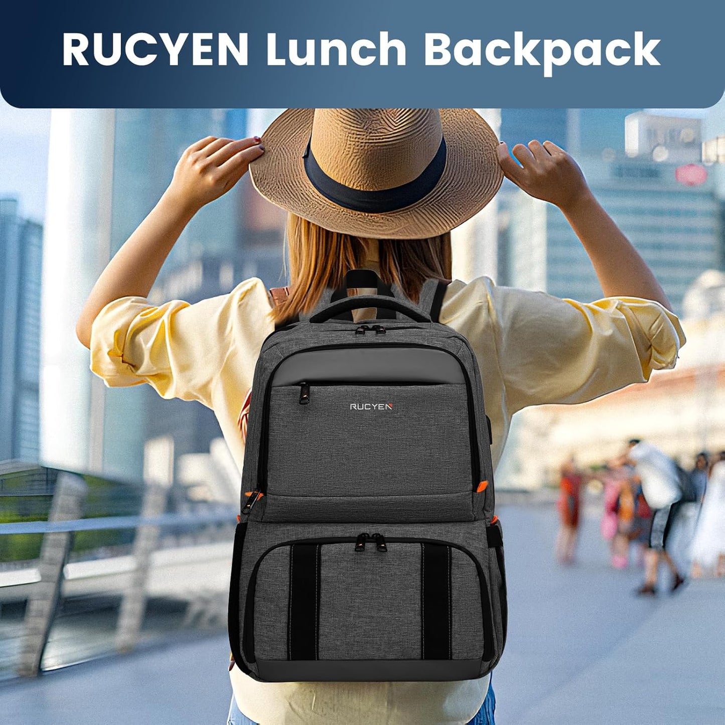 Lunch Backpack, Insulated Cooler Backpack Lunch Box for Men Women, 15.6 Inches RFID Blocking Laptop Backpack with USB Port Lunch Bag for Work Travel Black