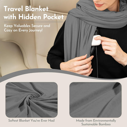 16-in-1 Compact Travel Blanket with Bag – Reversible, Ultra Soft Bamboo Airplane Blanket with Hidden Pocket - Lightweight & Packable for Flights, Camping, Picnic, Travel Essentials