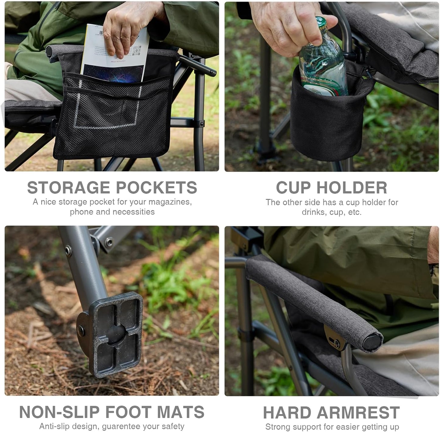 EVER ADVANCED Padded Oversized Folding Camping Chair for Adults, Heavy Duty Lawn Chair with Side Pockets, Portable Collapsible Quad Chair for Outside, Support Up to 500lbs, Black