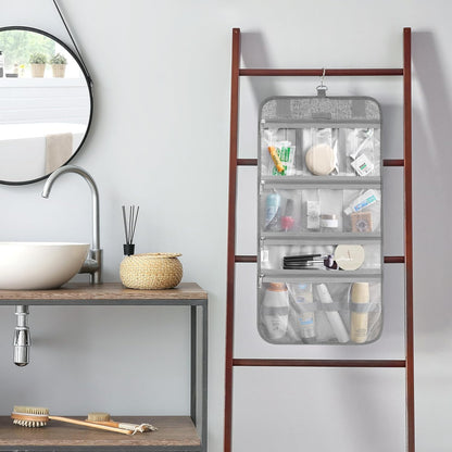 PAVILIA Hanging Toiletry Bag Women Men, Travel Kit Foldable Large Toiletries Organizer, Roll up Cosmetics Makeup Bag Accessories, Waterproof Essentials Jewelry Case (Heather Grey)