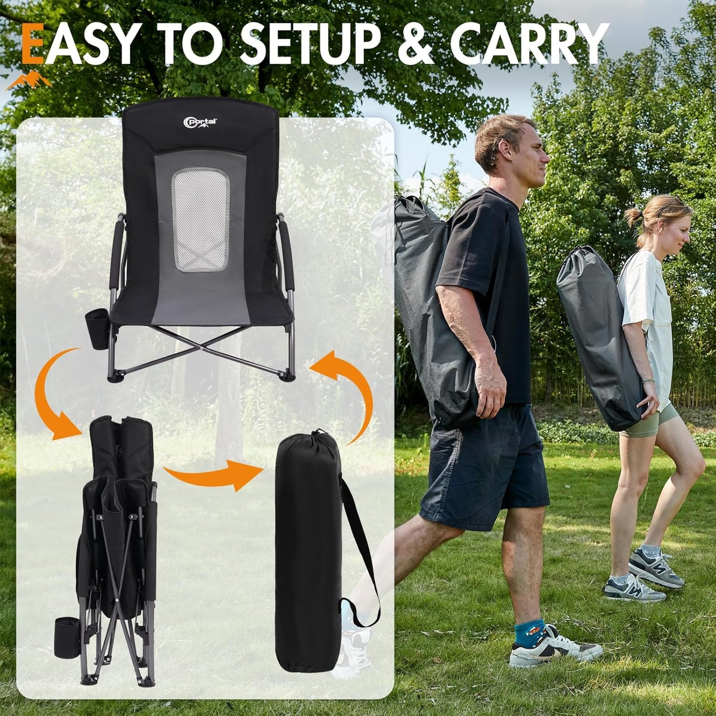 PORTAL Beach Chairs for Adults Camping Low Lightweight Portable Chair with Cup Holder Mesh Back Carry Bag for Outdoor Sand Lawn Travel Picnic Festival Concert, 350LBS