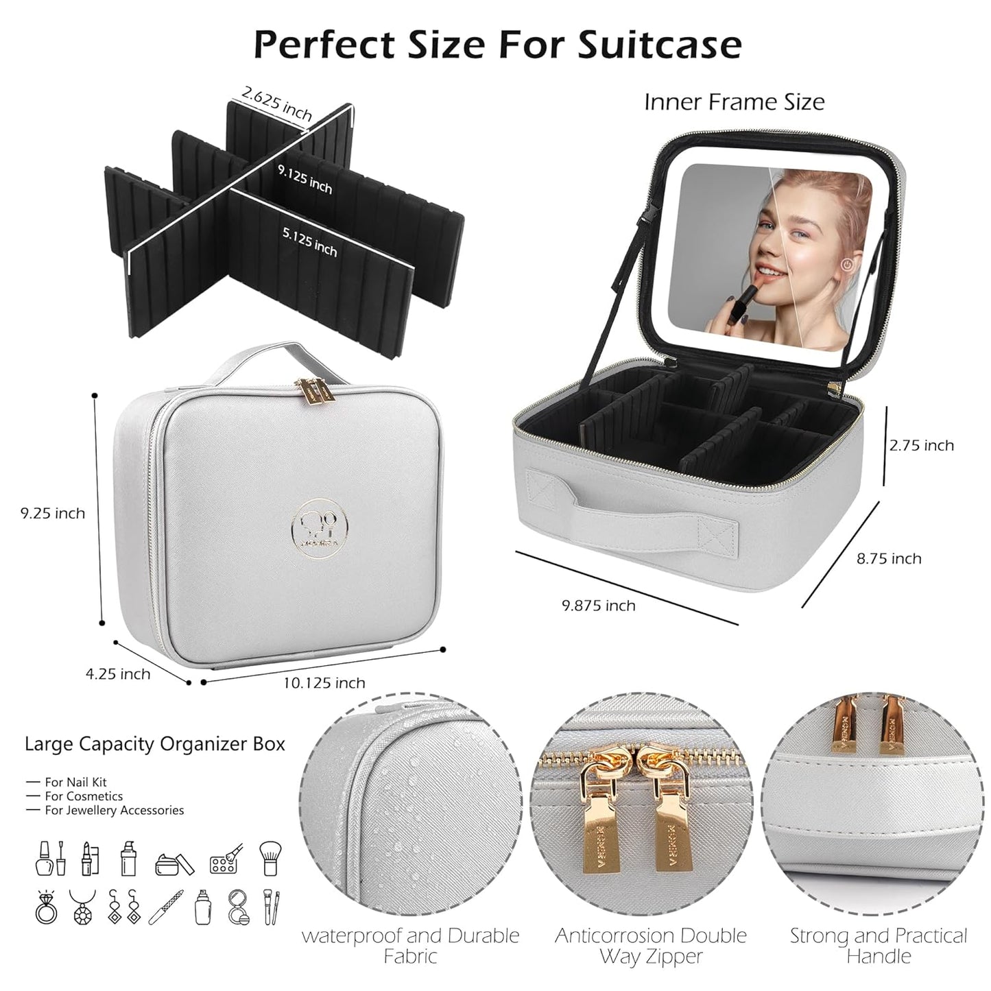 MOMIRA Makeup Bag with Mirror and Light Travel Makeup Train Case Cosmetic Bag Organizer Portable Artist Storage Bag with Adjustable Dividers Makeup Brushes Storage Organizer Silver