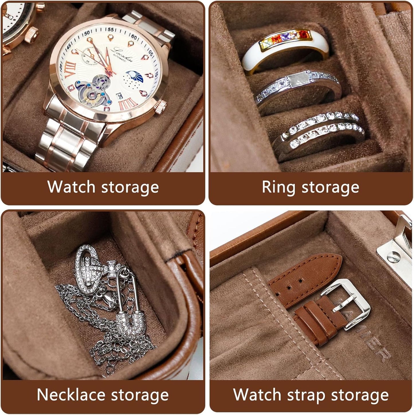 KAMIER Watch Travel Case with Combination Lock - 2 Watch Storage and Jewelry Organizer - Watch Case for Ring and Watch Storage, PU Leather Travel Watch Case, Ideal for Gift (With Gift Box) (Brown)