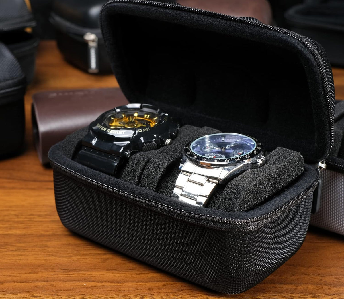 Hard 5 Slots Watch travel case with Soft Separation pillow, fit men's women's casual/sports/diving/dress/automatic watches up to 60mm sized face, with luxury red lining(case only)