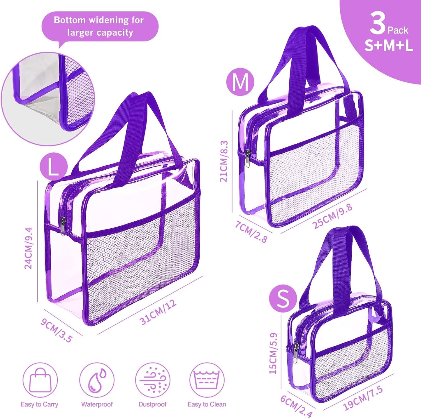XEWEA Clear Travel Toiletry Bags, 3 Pack TSA Approved Transparent Makeup Bag for Men Women, Large Waterproof PVC Quart Organizer with Zipper for Toiletries Airline Essential,Toy Storage Pouch Purple