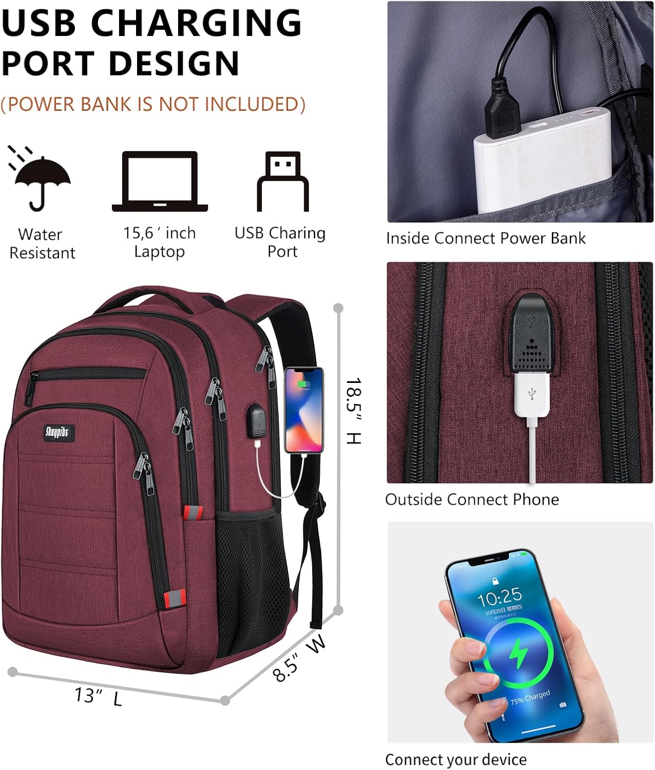 Backpack for Women Men, Travel School Backpacks for Teen Boys, Bookbag with USB Charging Port, Anti Theft College Backpack Fits 15.6 Inch Laptop, Casual Work Business Back Pack, Red