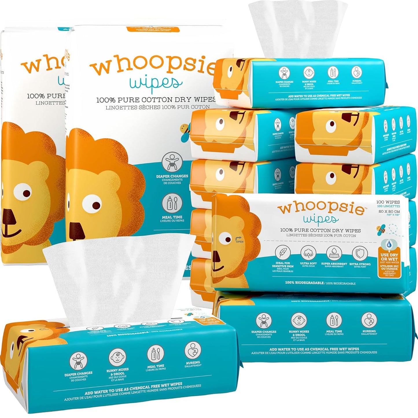 100% Pure Cotton Dry Wipes | 1200 Count | Use Wet or Dry | Soft & Sensitive | Hypoallergenic | Extra Strong & Absorbent | Perfect for Diaper Changes, Runny Noses, Drool, Meal Time & Nursing