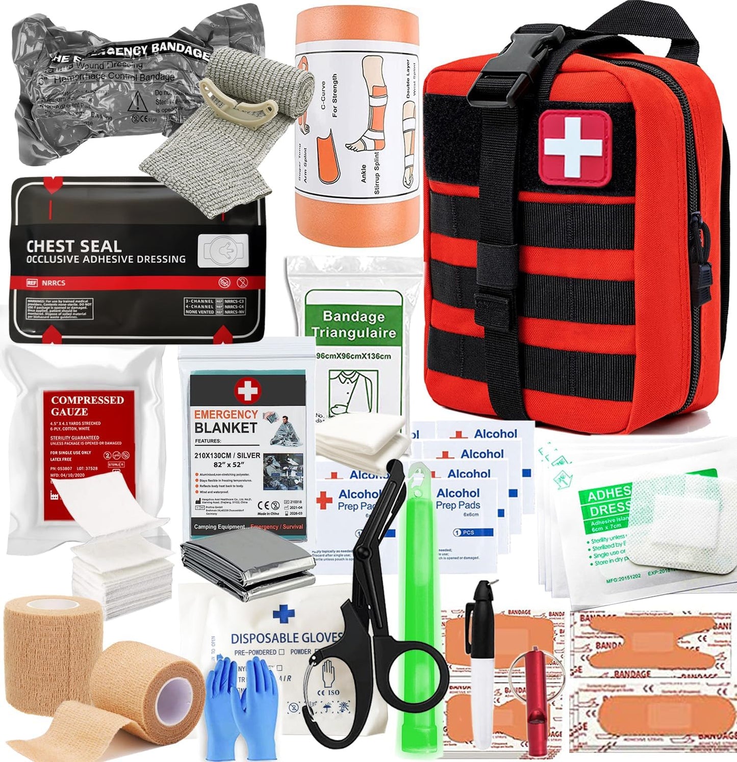 IFAK Kit Trauma Kit Military Medical First Aid Kits Bleeding Contral Emergency Survival Bug Out Bag for Camping Gear Supplies Hiking (Red)