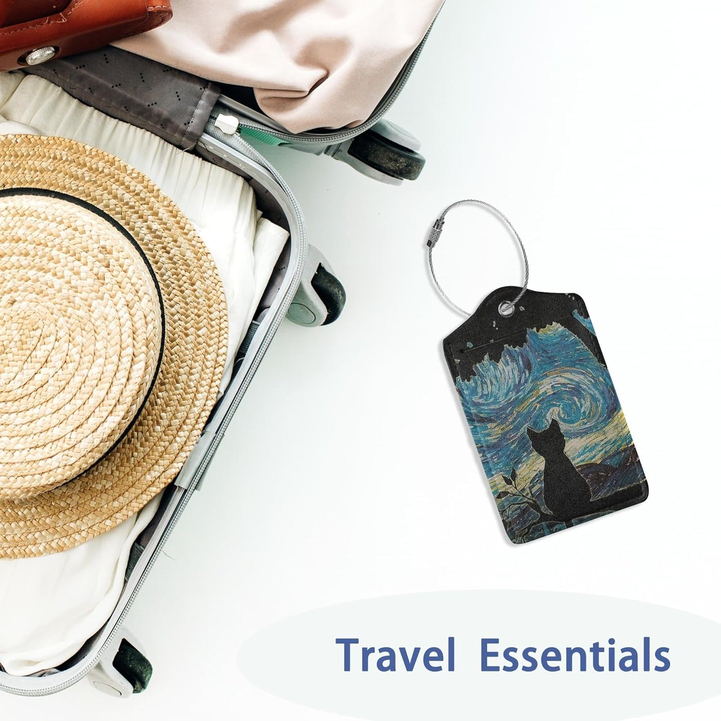 Luggage Tags,Black Cat Starry Night Cute Suitcase Tag with Privacy Flap & Name ID Label & Metal Loop,Luggage Tags for Women Men Baggage Handbag School Bag Backpack