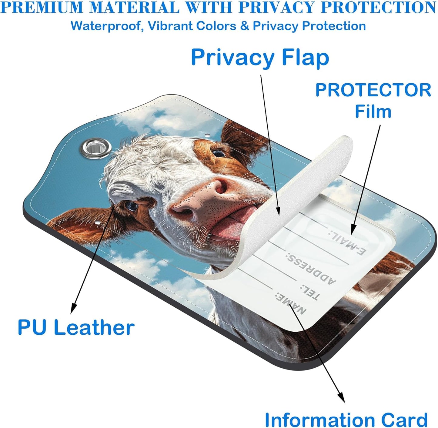 Cute Cow Sticking Out Tongue Luggage Tags for Suitcases Leather Travel Tags for Luggage ID Label with Privacy Cover and Stainless Steel Loop for Men Women Suitcase Backpack, Set of 2