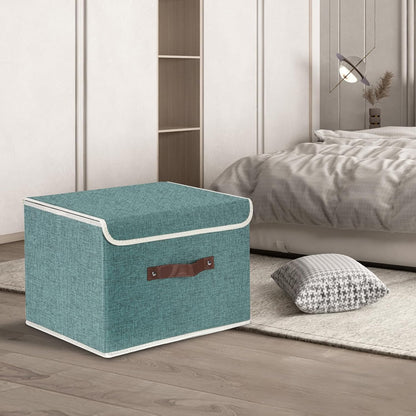 TYEERS Collapsible Storage Boxes, Washable Fabric Storage Bins with Lids, 14.9x9.8x9.8 inches, 3 Pack, Aqua Deep