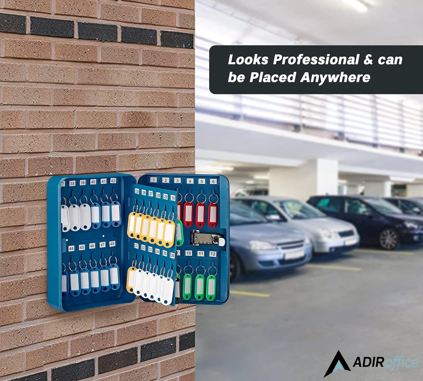 AdirOffice Key Lock Box - 48 Hook Wall Mounted Key Cabinet Holder, Lockable Storage - Metal Organizer for Home and Office