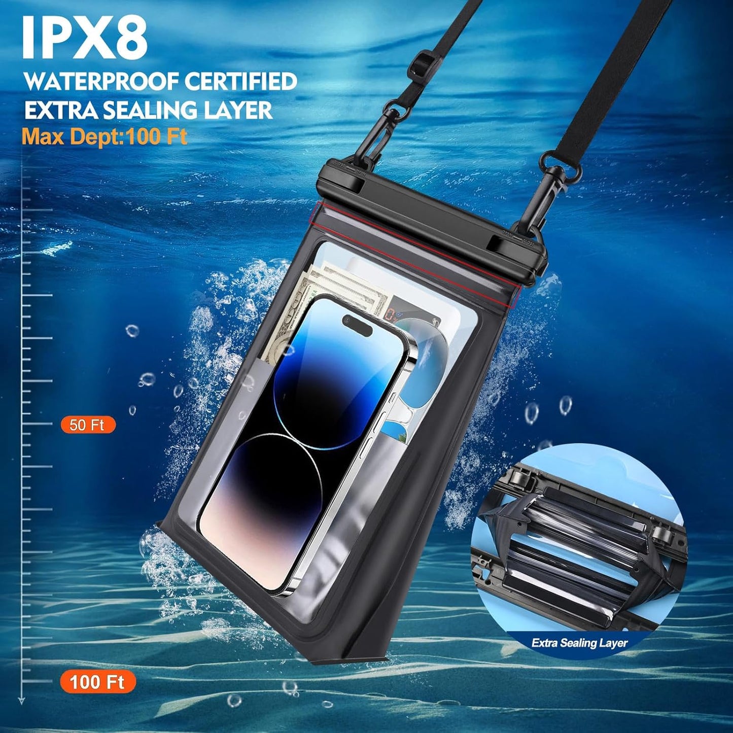 Large Floating Waterproof Phone Pouch [with Sealing Strip], Cell Phone Dry Bag for iPhone 16 15 14 13 12 Pro Max Galaxy Google All Devices, Float Waterproof Bag for Beach Vacation