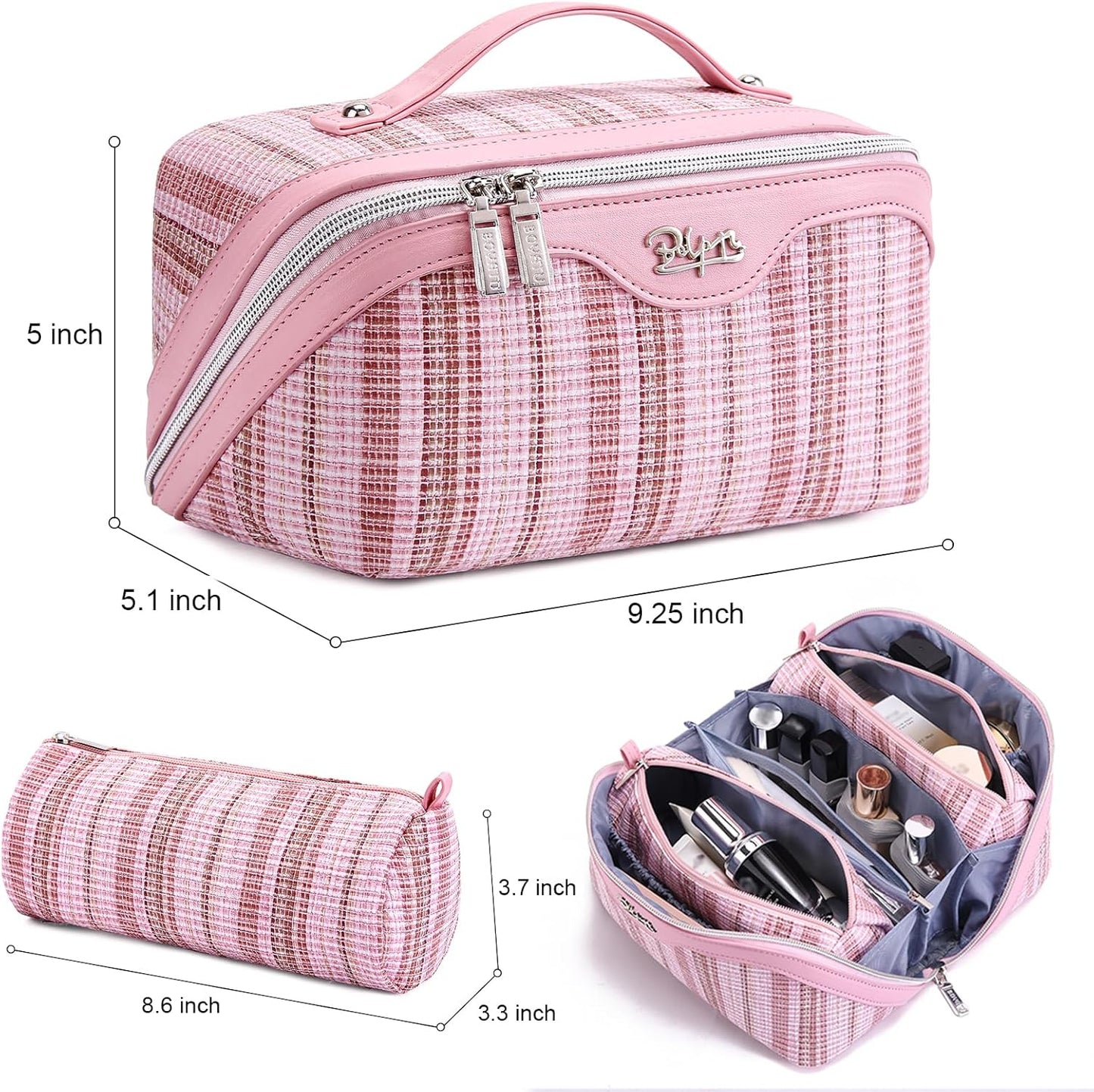 Travel Makeup Bag for Women: Large Capacity Open Flat Make up Bag Set of 3 - Vegan Leather Cosmetic Bag with Compartments - Waterproof Toiletry Bag with Handle & Divider(Pink)