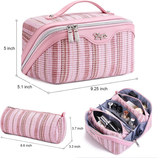 Travel Makeup Bag for Women: Large Capacity Open Flat Make up Bag Set of 3 - Vegan Leather Cosmetic Bag with Compartments - Waterproof Toiletry Bag with Handle & Divider(Pink)