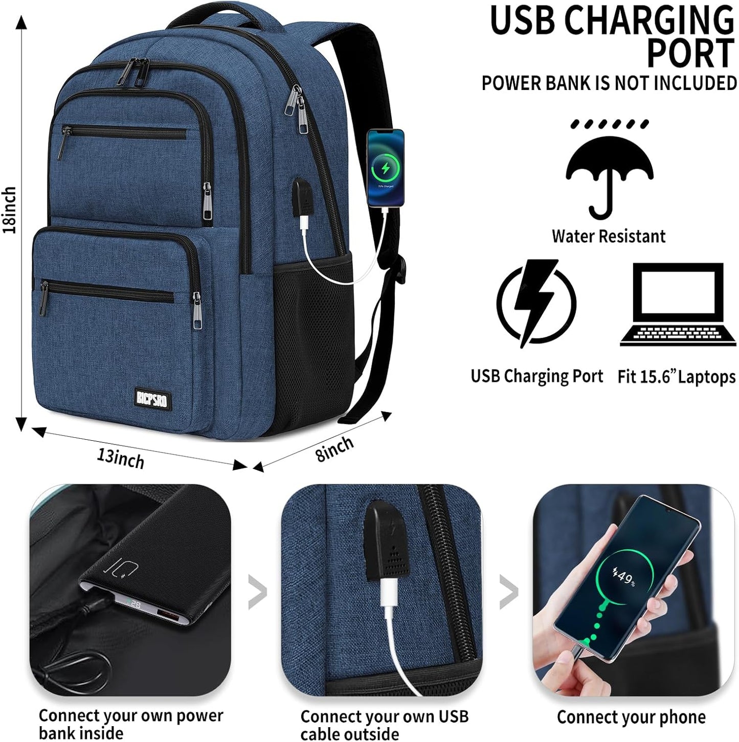 Backpack for School, School Backpack for Boys Girls Teens, College Book Bag, Water Resistant Bookbag, Back Pack for Men Women, Business Work Travel Blue