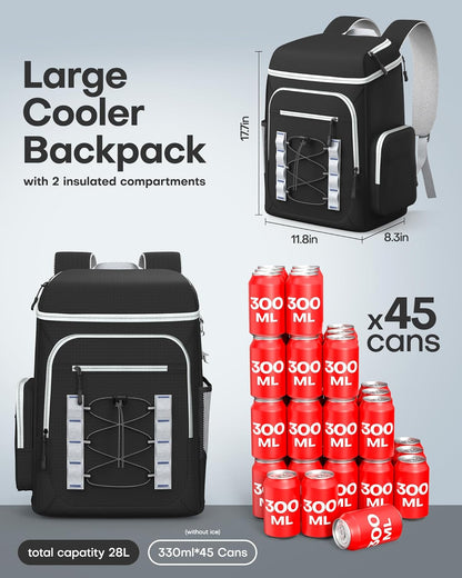 HOTOR Backpack Cooler Bag - 30/45 cans Large Backpack Coolers Insulated Leak Proof with Multiple Pockets, Small Cooler as Beach Cooler for Travel, Hiking, Camping