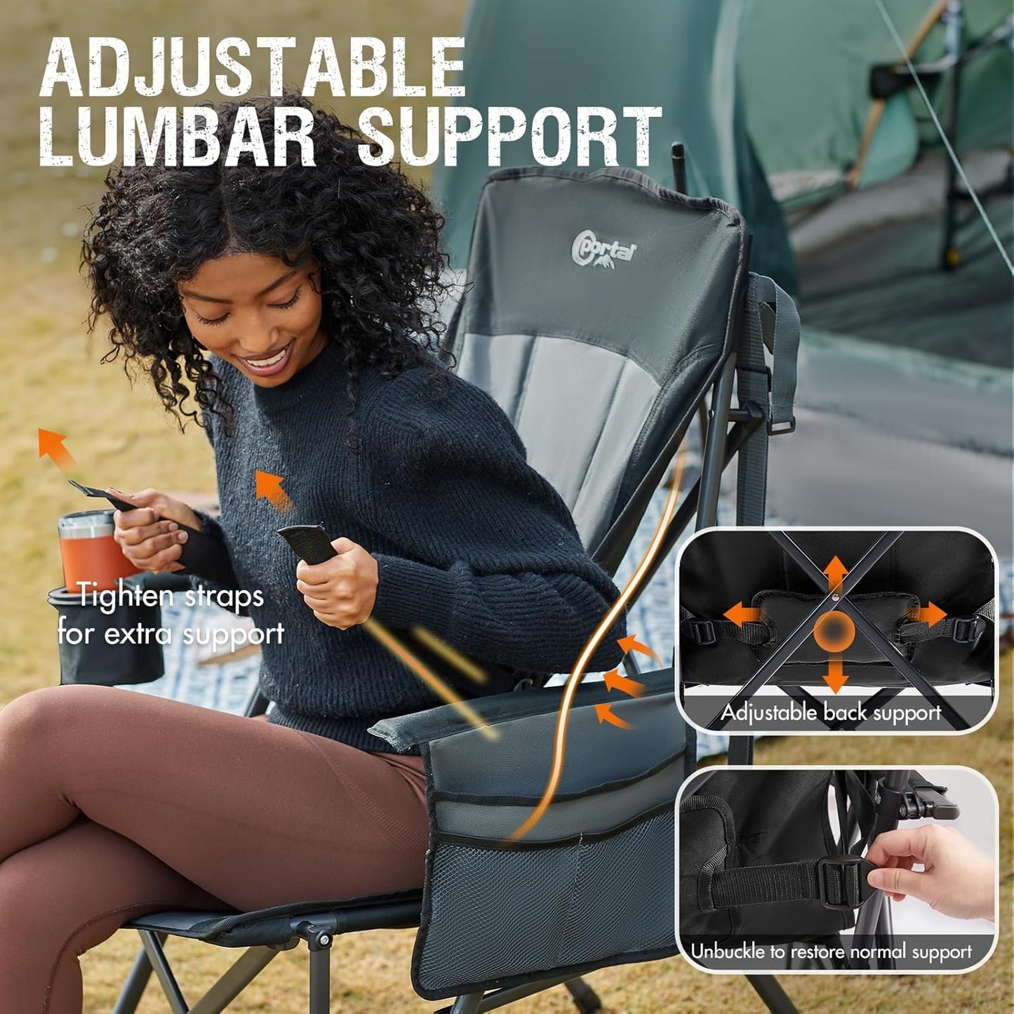 Portal Camping Chair with Lumbar Support for Adults Folding Portable High Back Oversized, 400LBS