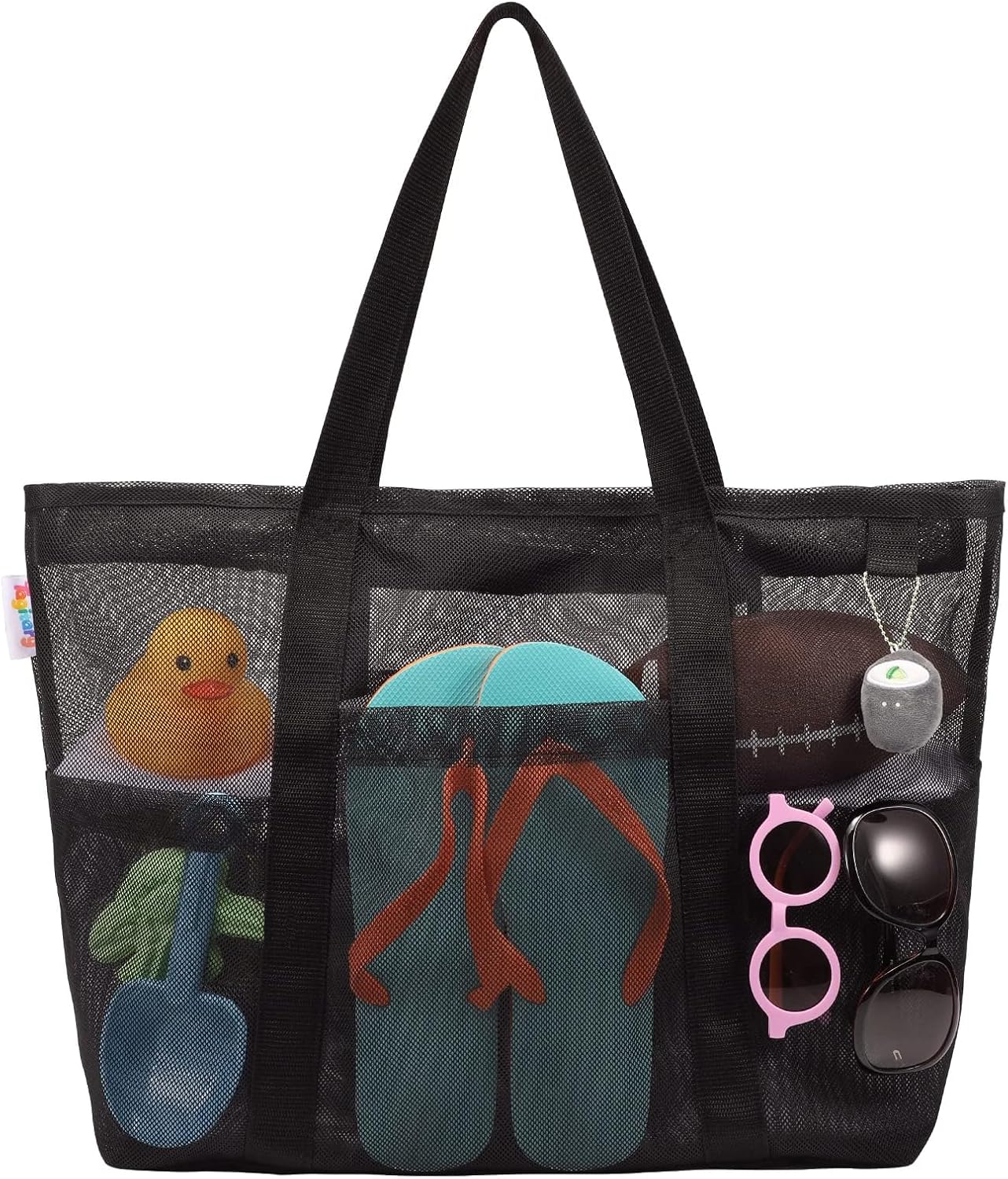 Tagitary Mesh Beach Bag with Zipper Large Beach Tote Waterproof Sandproof with 8 Pockets for Toys Pool Bag Beach Accessories