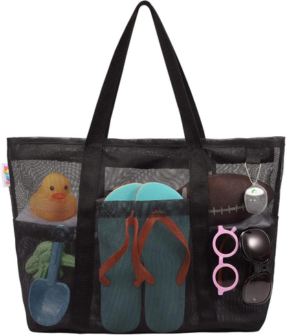 Tagitary Mesh Beach Bag with Zipper Large Beach Tote Waterproof Sandproof with 8 Pockets for Toys Pool Bag Beach Accessories
