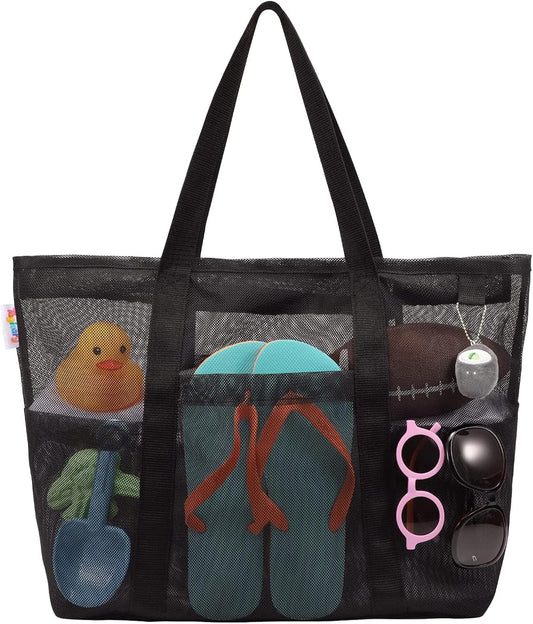 Tagitary Mesh Beach Bag with Zipper Large Beach Tote Waterproof Sandproof with 8 Pockets for Toys Pool Bag Beach Accessories