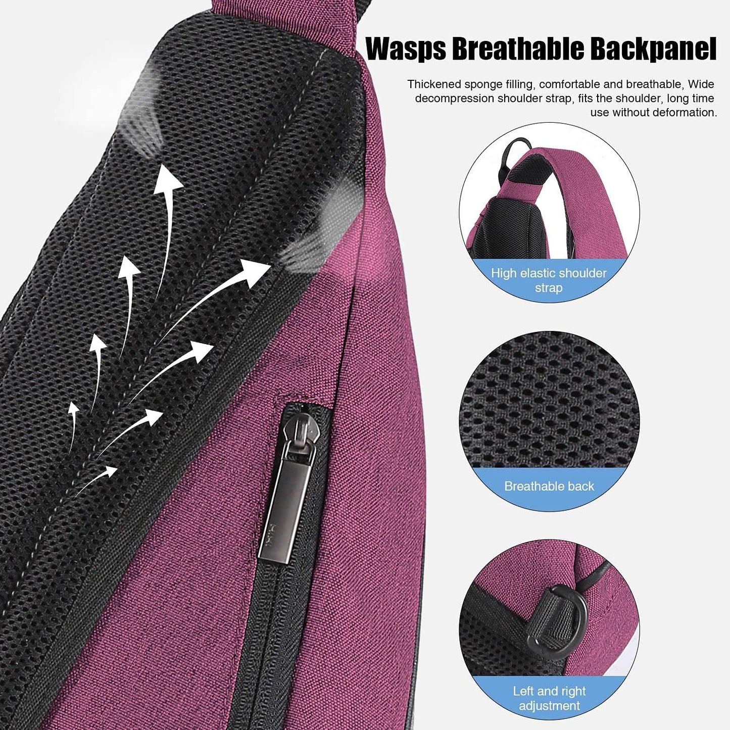 mixi Sling Bag Men Backpack Unisex One Shoulder Bag Hiking Travel Backpack Crossbody with USB Port for Men Women Versatile Casual Daypack-17 inch,Purple