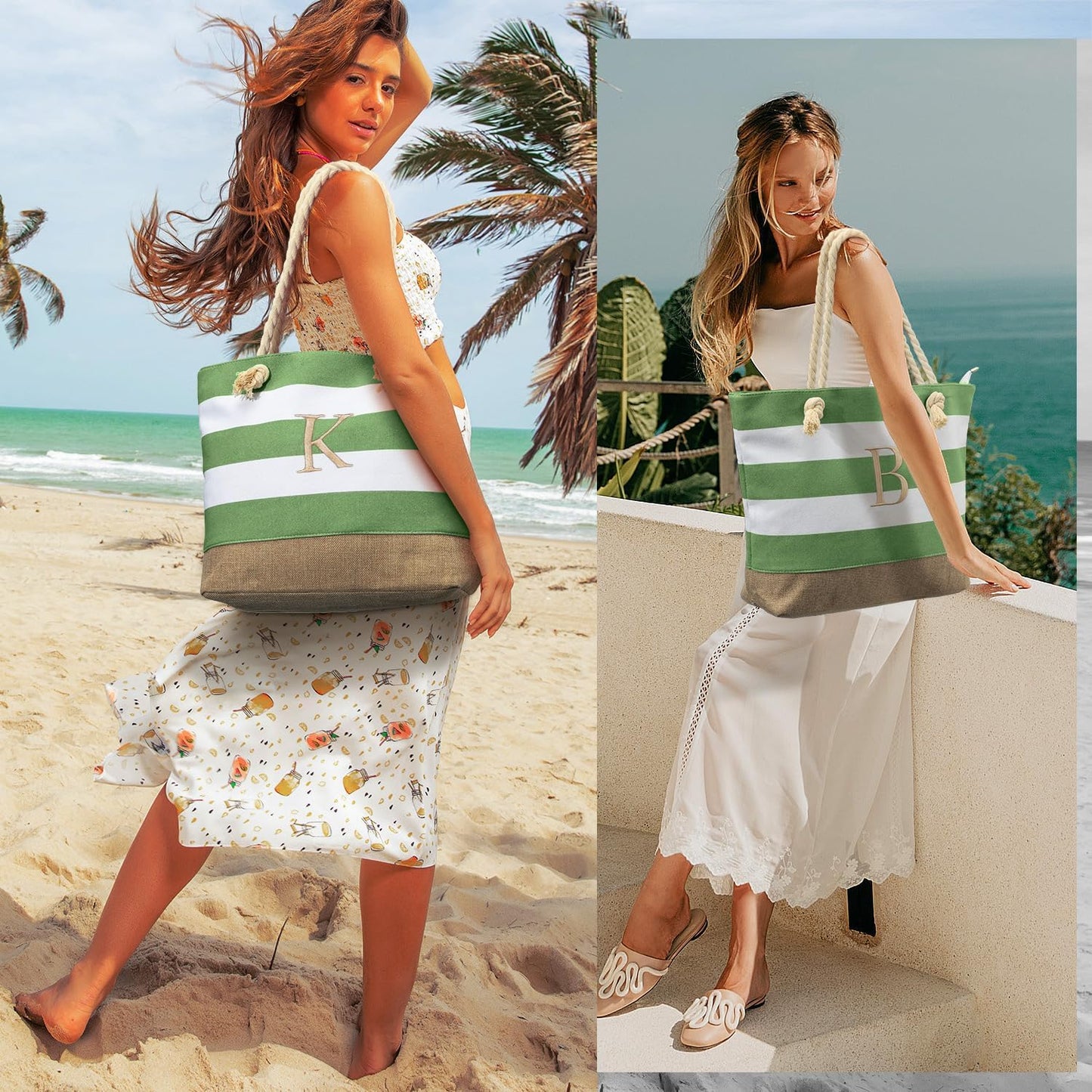 YOOLIFE Initial Canvas Waterproof Beach Tote Bag Zipper Personalized Gifts for Women Her Birthday Travel Beach Essential