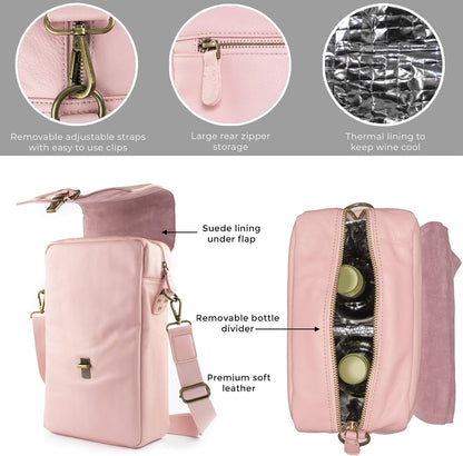 Insulated Genuine Leather Wine Bag With 2 Wine Tumblers. Best Travel Gifts For Women Wine Lovers. Wine Cooler Bag 2 Bottle Wine Carrier Set. Mom Birthday Gift Party Wife Picnic Pink Tote