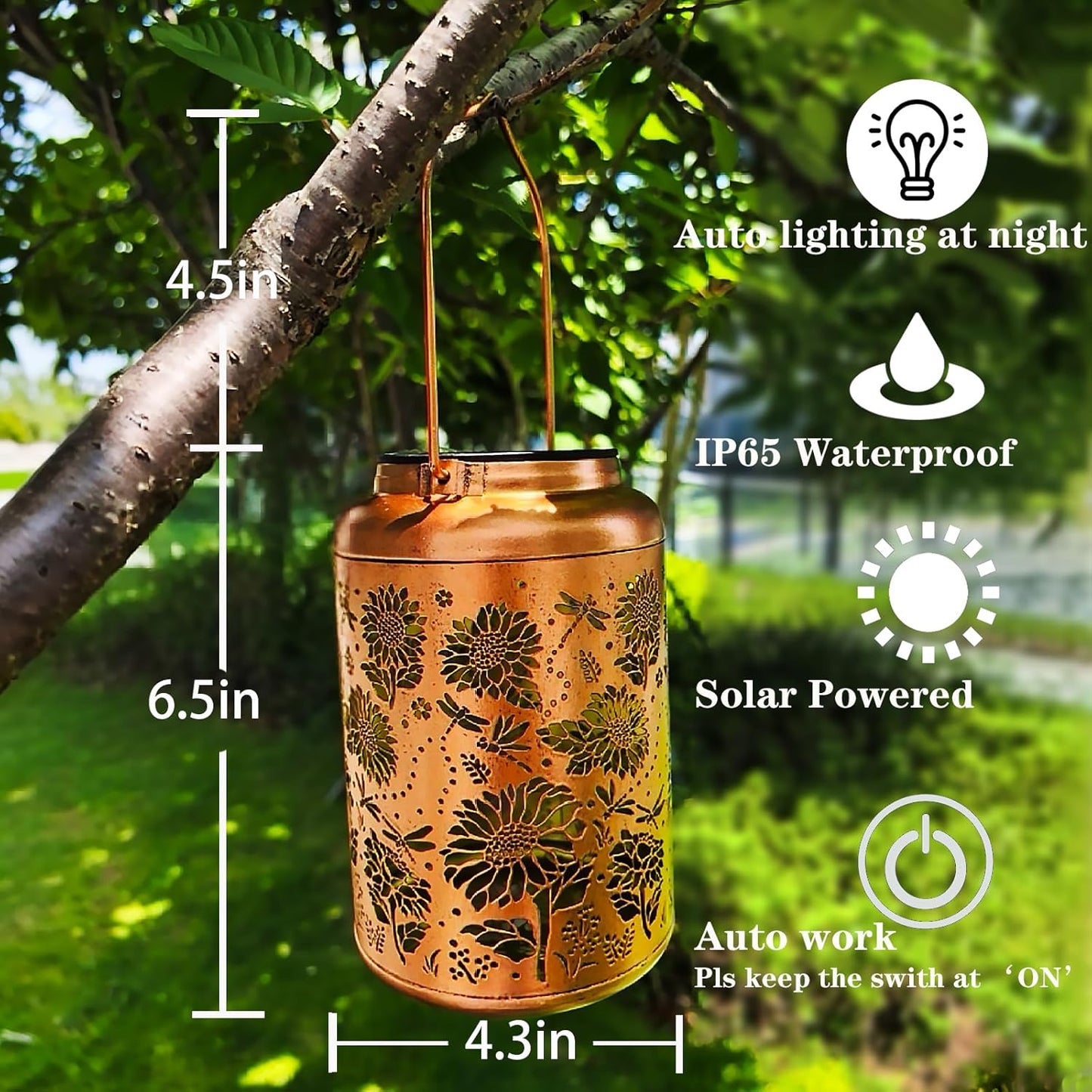 Solar Lanterns for Outside,Sunflower and Dragonfly Garden Decor Lights,Waterproof Solar Powered Hanging Lantern for Patio,Yard,Porch, Birthday Gifts for Women,Mom,Grandma,Housewarming