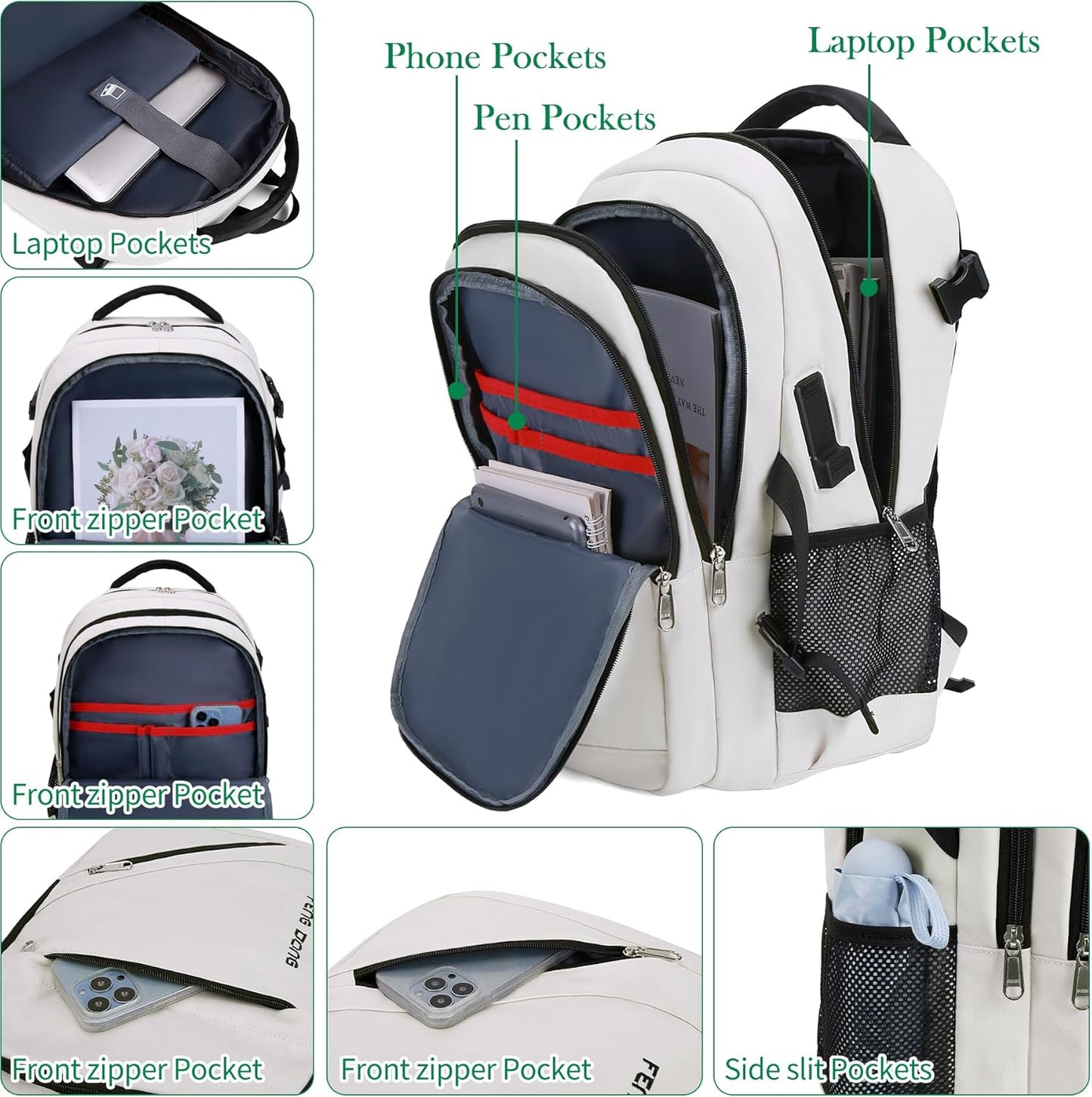 FENGDONG 17.3 inch Large Laptop Backpack Durable Waterproof Travel College Backpack Bookbag for Men & Women Business Backpack with USB Charging Port,Headset Port Beige