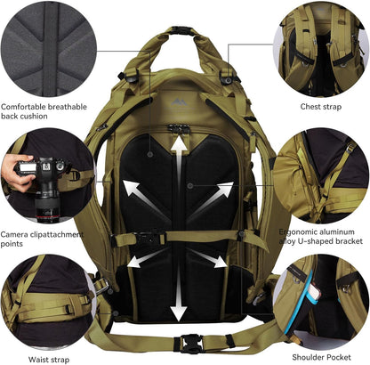 Tenzing 40L Camera Backpack, Waterproof Travel Photography Bag with Rain Cover, Fits DSLR/Mirrorless Cameras, Drone, Lenses, Tripod & 16" Laptop – Brown